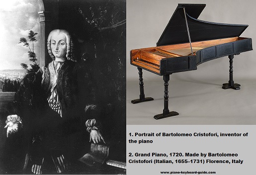 Portrait of Bartolomeo Cristofori, the inventor of the piano, an Italian instrument maker from the 18th century.