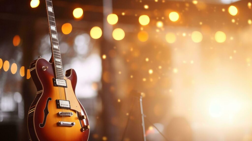 A close-up of a sparkling electric guitar with vibrant guitar strings, set against a glittering backdrop