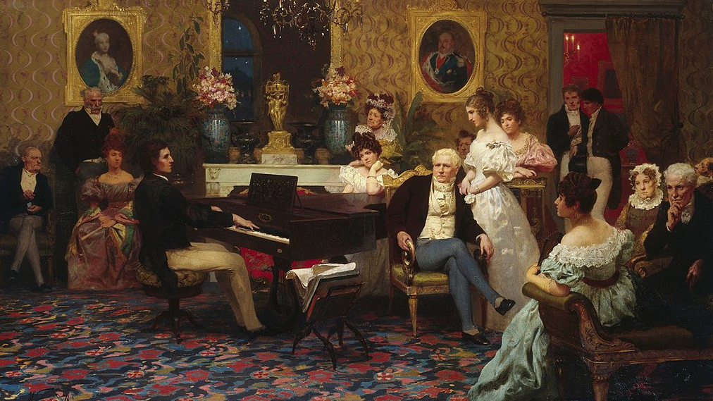 A grand piano being played during the Romantic era, showcasing the instrument's significance in 19th-century music.