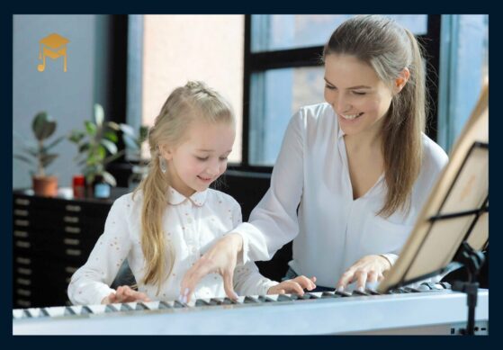 Parent teaching piano to girl - The mystic Keys