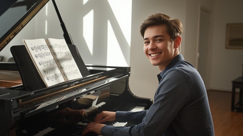 A confident student smiling at the piano with sheet music open, showing progress.