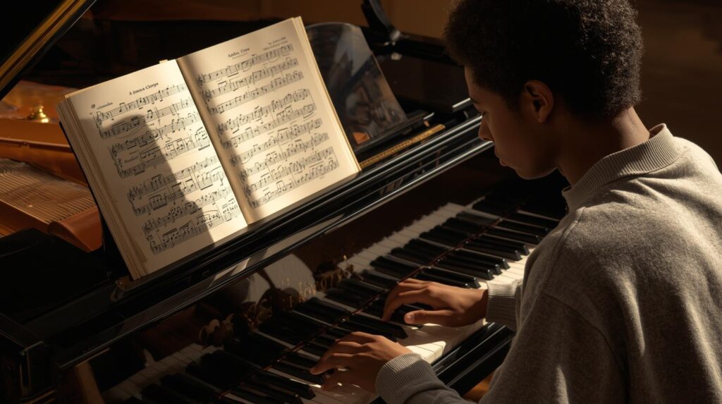 A student looking at sheet music with focus, hands on the piano.