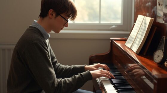 A student looking at sheet music with focus, hands on the piano.