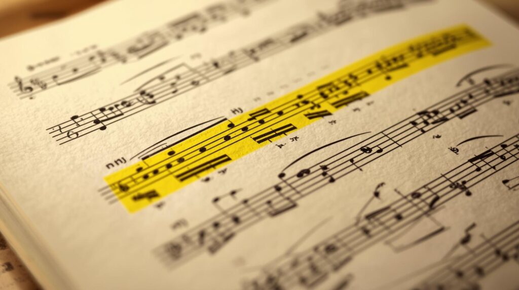 Close-up of sheet music showing highlighted measures to improve your sight-reading skills by reading ahead while playing.