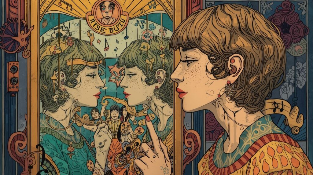 An artistic illustration of a woman looking into a mirror, surrounded by musical notes, instruments, and symbolic imagery, representing how music & emotions influence self-reflection and personality over time.