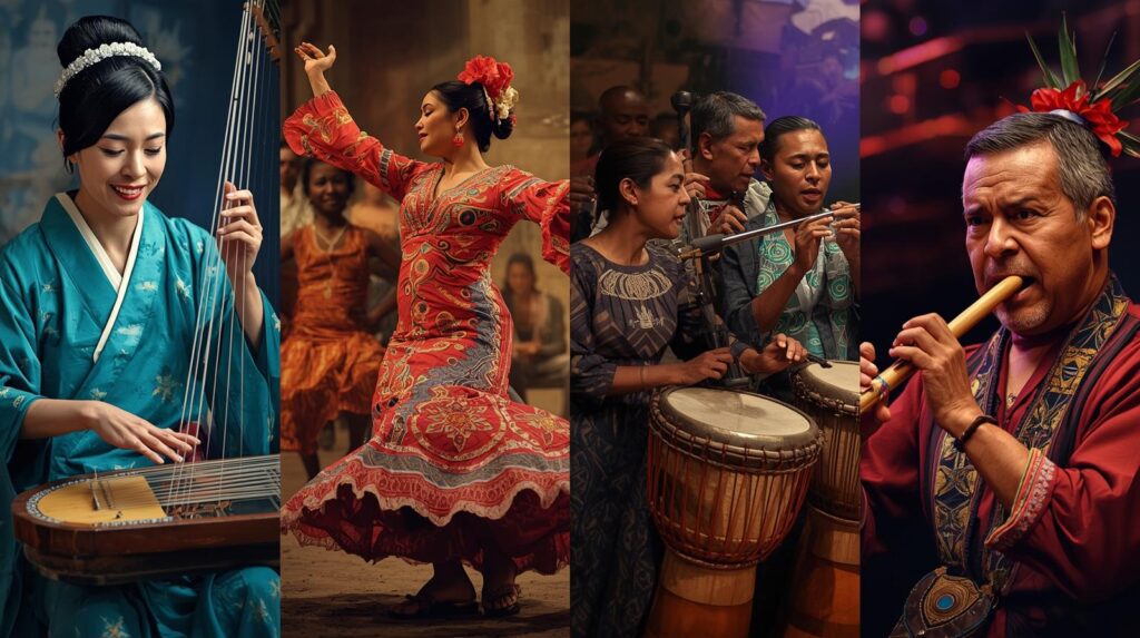 A cultural collage showing musicians and dancers from around the world — a Japanese woman playing a string instrument, a flamenco dancer in red, a group performing with drums and flutes, and a man playing a wooden flute — representing how different cultures