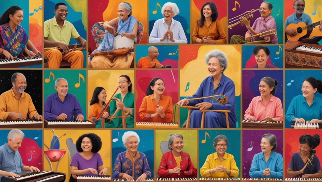 Diverse group of people from different cultures joyfully playing musical instruments such as guitar, keyboard, trumpet, and traditional drums, symbolizing the transformative power of music in uniting and healing communities.