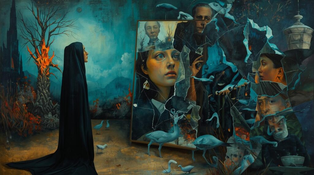 Surreal painting of a cloaked figure staring at a shattered mirror filled with fragmented faces, symbolizing how awaken personal memories and hidden feelings.