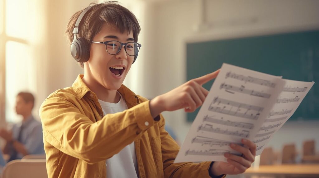 Student practicing to improve your sight-reading skills by clapping rhythm while following sheet music with headphones.