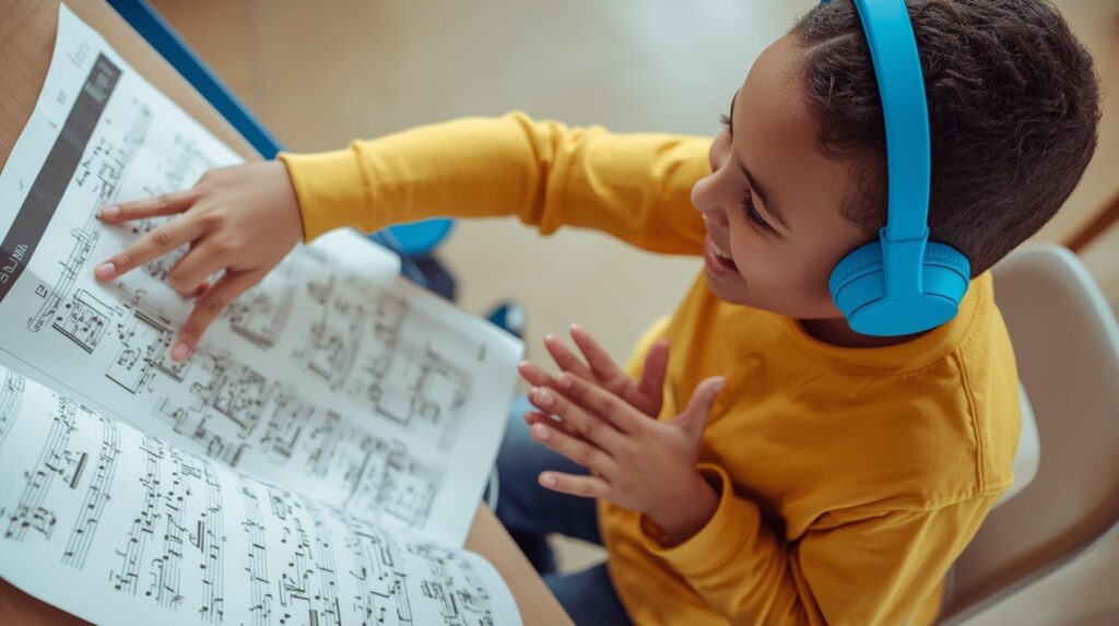 Student with headphones, pointing at sheet music while clapping rhythm.