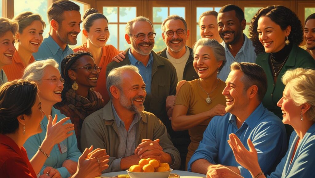 A joyful community of diverse people gathered together, smiling and connecting, symbolizing the transformative power of music in building unity, happiness, and emotional well-being.