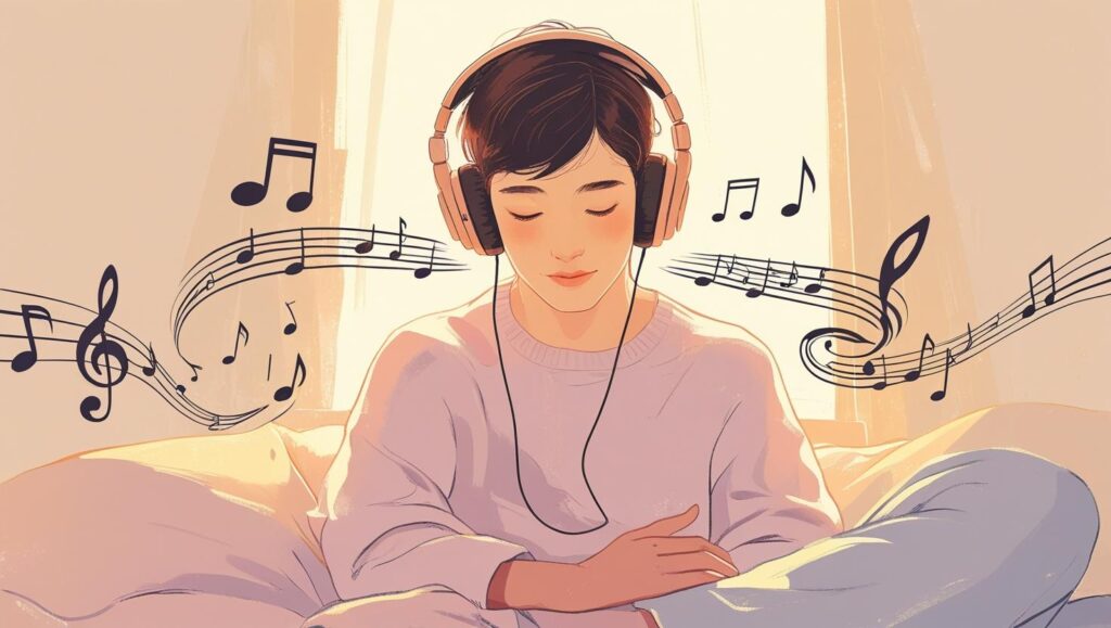 A young person peacefully listening to music with headphones, surrounded by flowing musical notes, symbolizing the calming benefits of music for mental wellness.