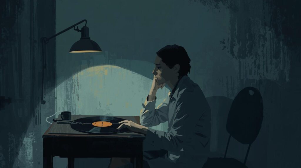 Moody illustration of a person sitting alone at a desk under a dim lamp, listening to a vinyl record, symbolizing the deep connection between especially how sad songs can reflect inner feelings.