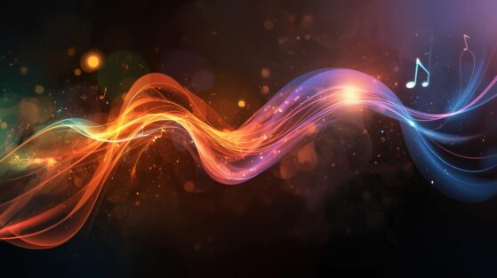 Abstract colorful sound waves flowing across a dark background with glowing musical notes, symbolizing the deep connection.