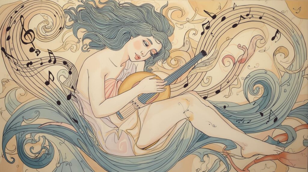 An artistic illustration of a serene woman holding a guitar, surrounded by flowing musical notes and waves, symbolizing the deep connection between music & emotions as a tool for emotional healing.