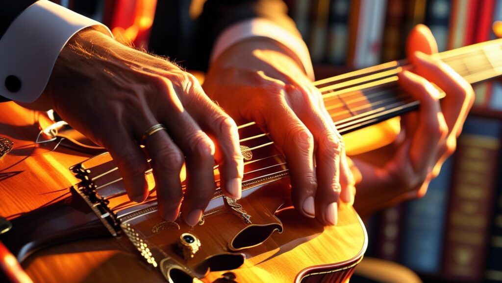 Close-up of hands playing a string instrument, capturing the transformative power of music through its beauty, detail, and emotional expression under warm lighting