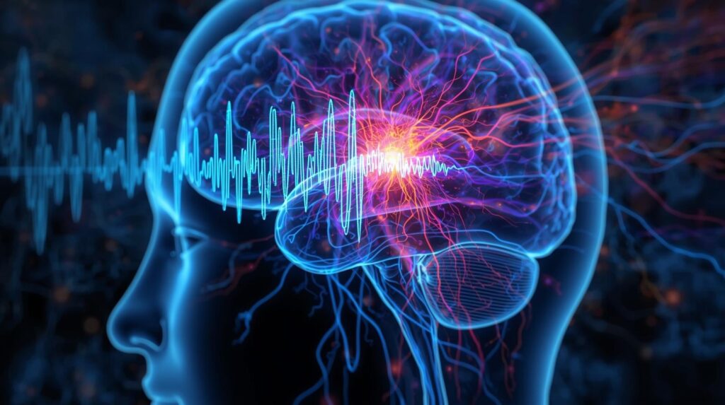 Illustration of a human brain reacting to sound waves, showing how music & emotions are connected through neural activity and brain signals.