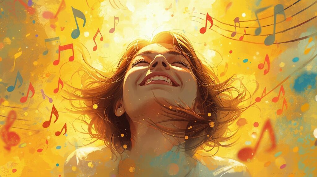 A joyful woman smiling with colorful musical notes around her, symbolizing the deep connection between music & emotions.