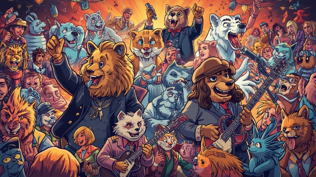 A vibrant cartoon illustration of anthropomorphic animals, including lions, cats, dogs, and bears, performing in a lively rock concert with guitars, microphones, and cheering fans, representing the spirit of famous animal-themed songs.