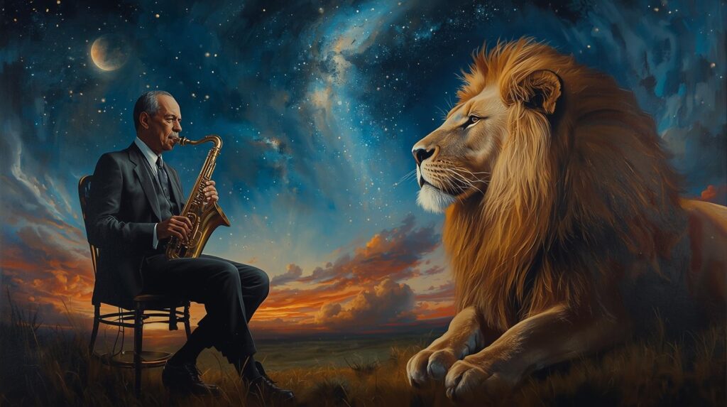 A surreal artwork of a man in a suit playing a saxophone under a starry night sky, sitting across from a majestic lion, symbolizing harmony between music and nature. Concept connected to famous animal-themed songs.