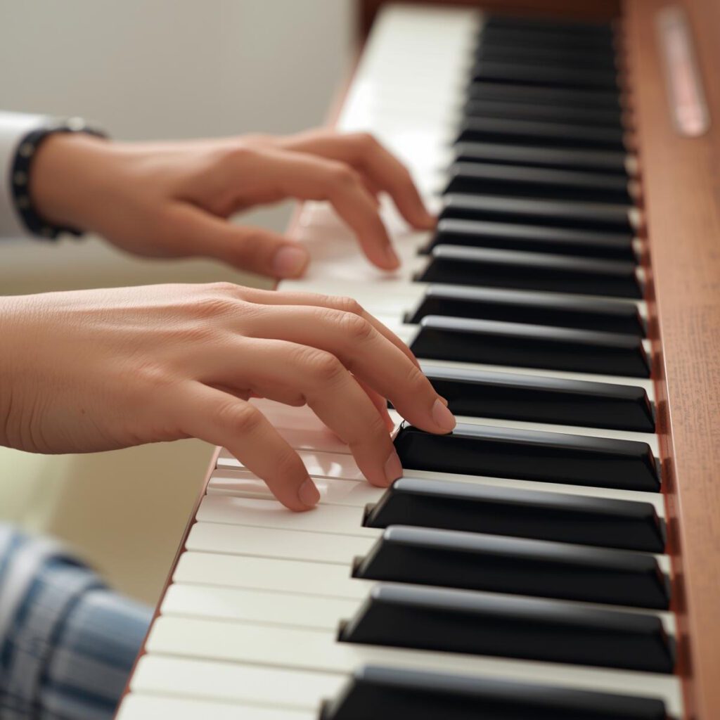 Two Hands Playing Simple Chords on Piano