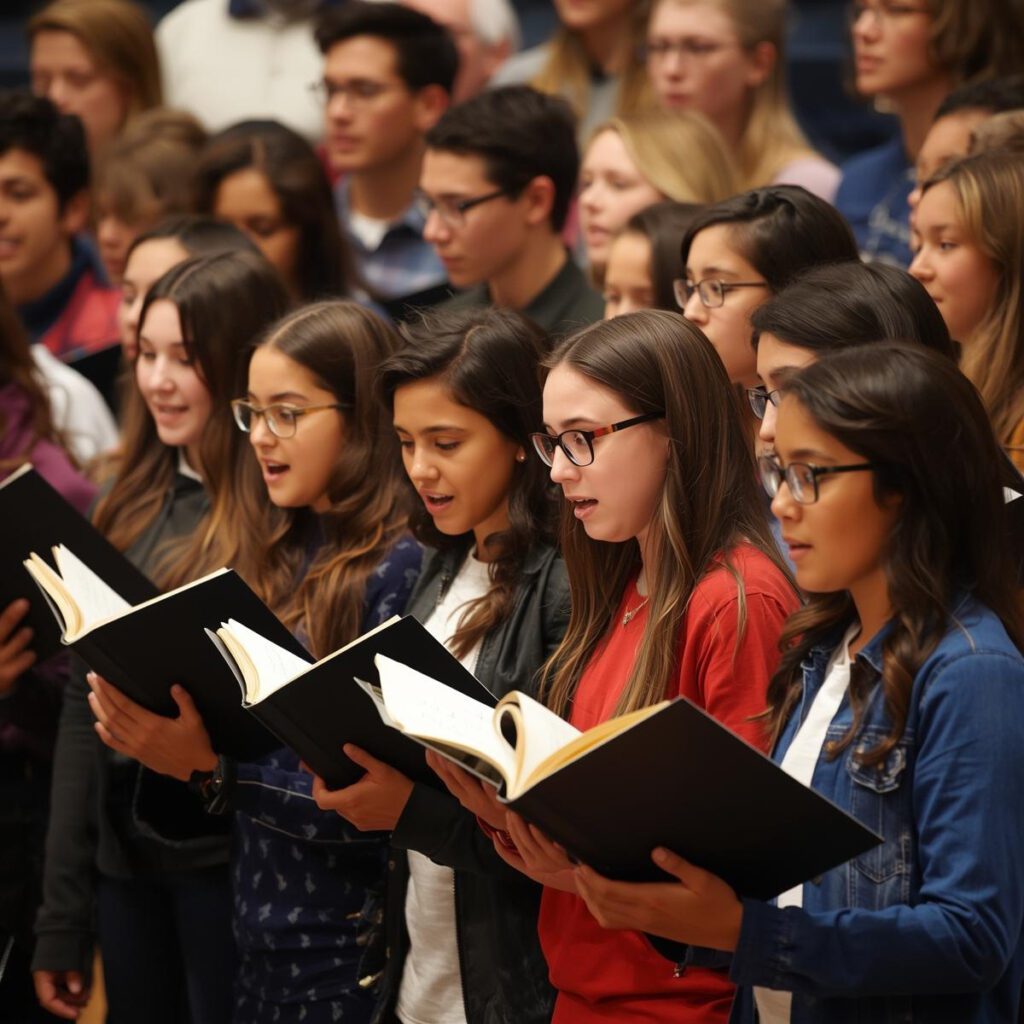Group of Students in a Choir Reading Sheet Music