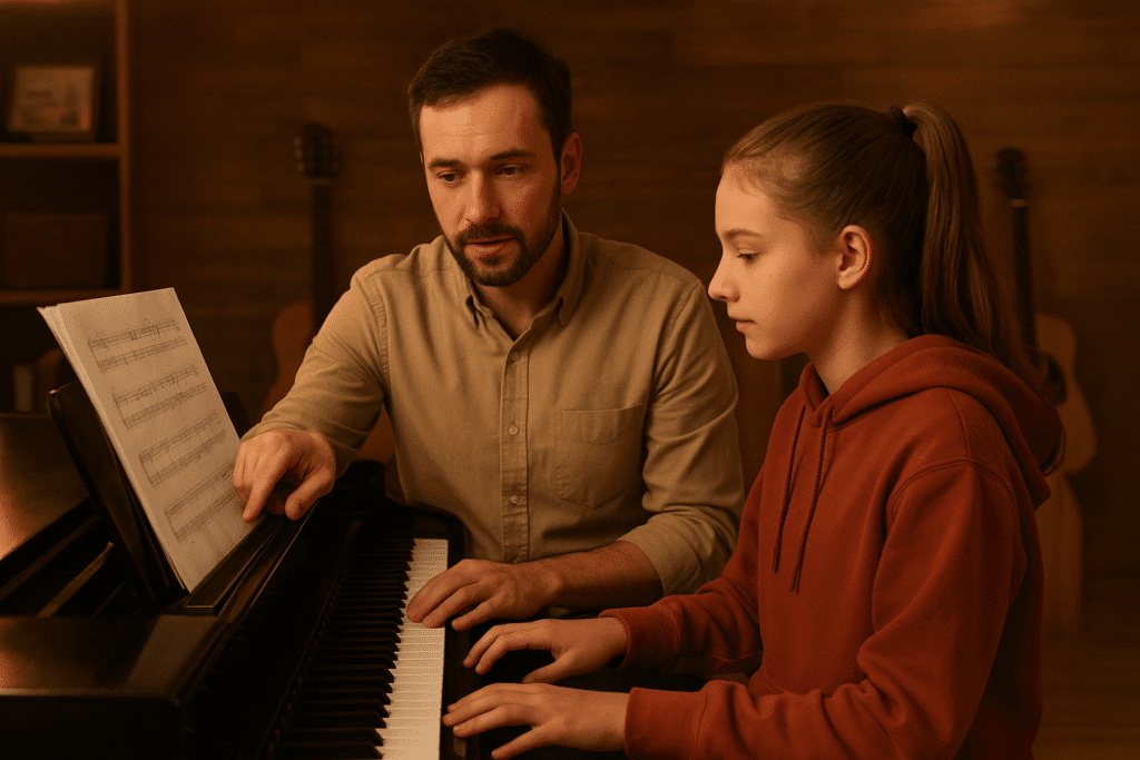 A music teacher guiding a student during a one-on-one piano lesson at The Mystic Keys, showcasing the benefits of personalized music learning for all skill levels.benefits-of-one-on-one-music-lessons