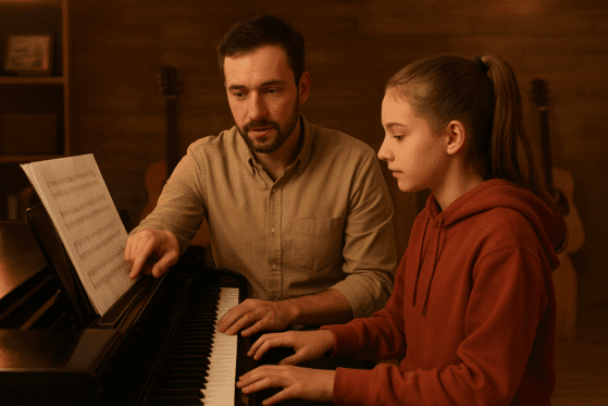 A music teacher guiding a student during a one-on-one piano lesson at The Mystic Keys, showcasing the benefits of personalized music learning for all skill levels.benefits-of-one-on-one-music-lessons