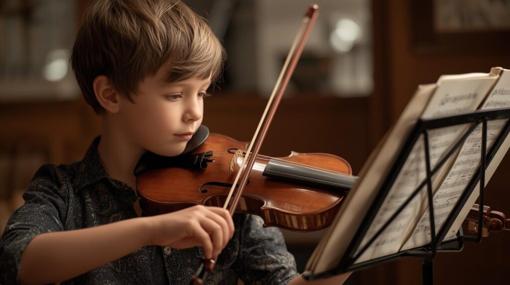 Child practicing violin – benefits of learning music young