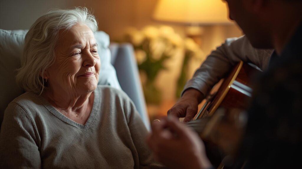 Hospice patient comforted by live music – unusual ways music is used in medicine for emotional healing.