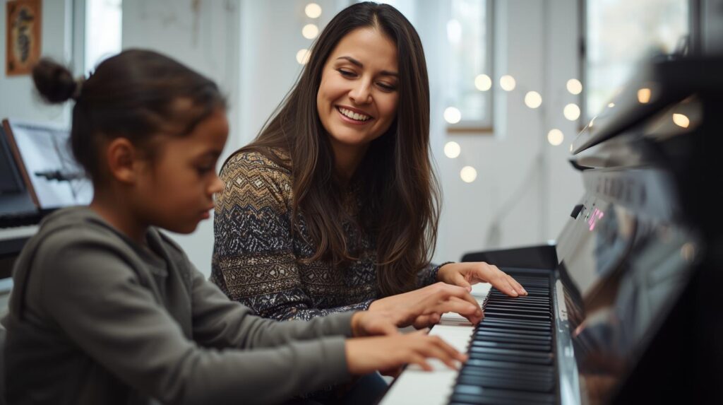 Music teacher guiding beginner student during private keyboard classbenefits of one-on-one music lessons