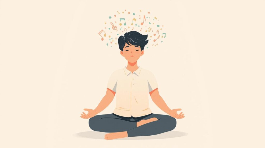 Student meditating or visualizing with music notes drawn softly around them, demonstrating techniques on how to memorize music faster – Mystic Keys.