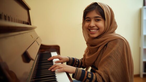 Student smiling at piano in the Mystic Keys, enjoying learning and practicing music while discovering how to memorize music faster