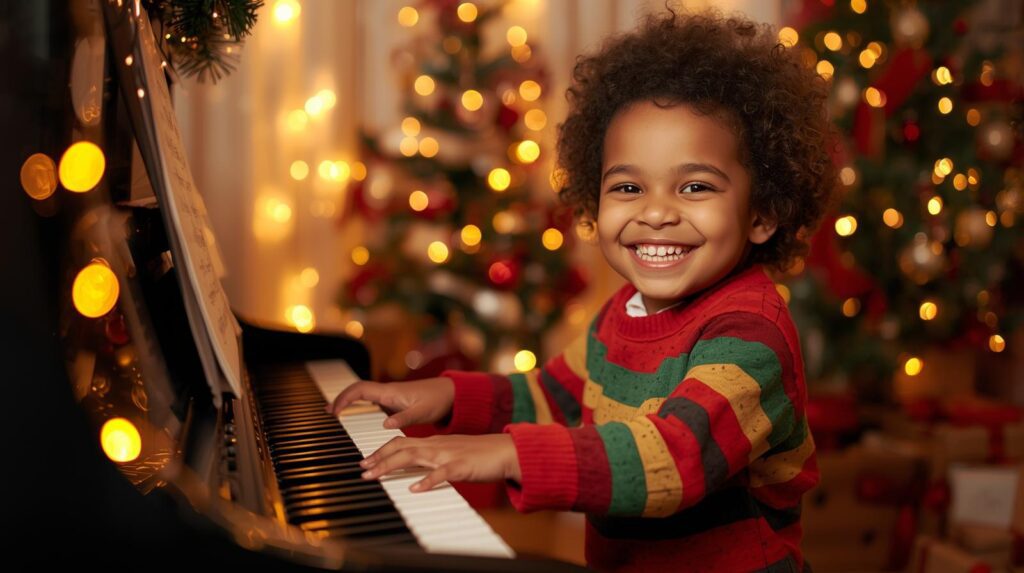 Child enjoying Christmas music practice on piano with festive decorations.