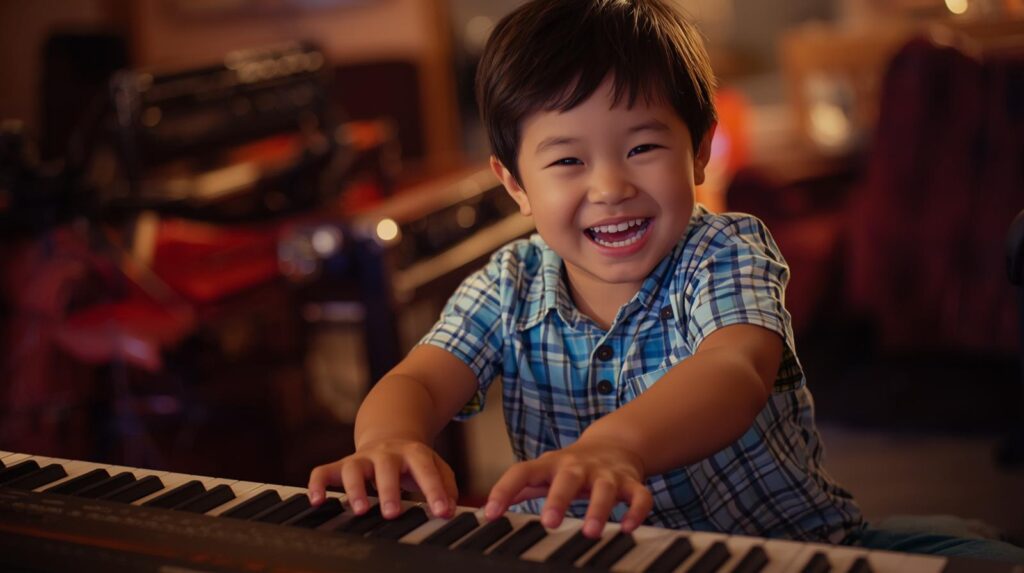 Student enjoying music practice through customized lessons at The Mystic Keys.