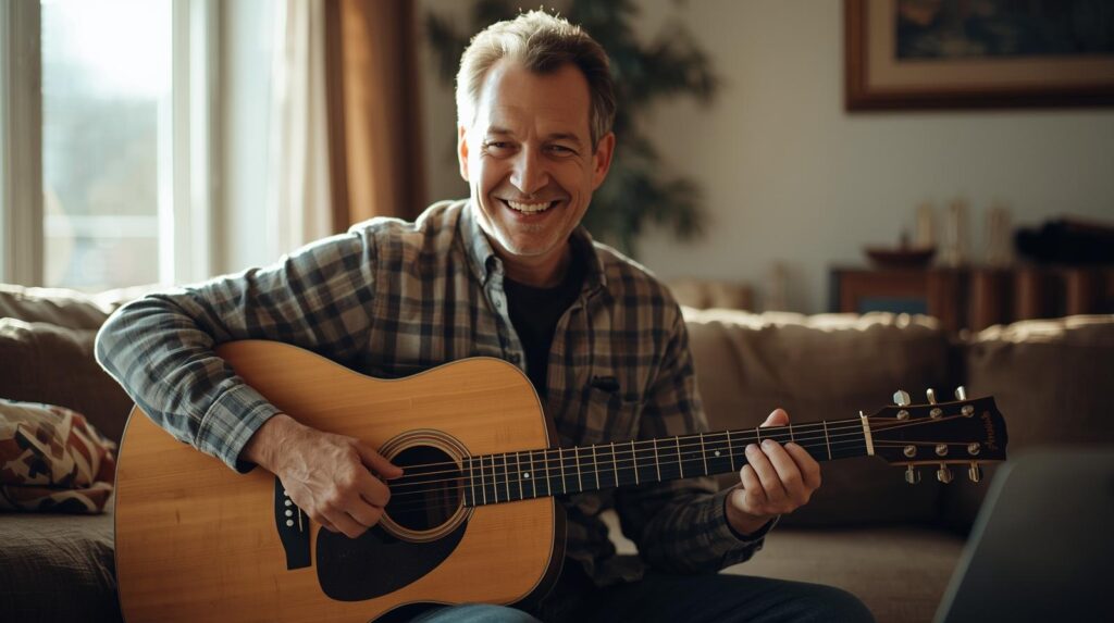 Middle-aged man practicing guitar confidently at home, representing the emotional benefits of learning music as an adult.