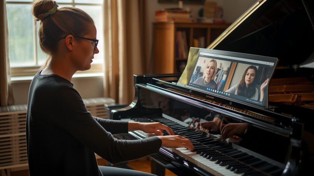 Music teacher teaching piano to a student during a lesson.Career Opportunities in Music