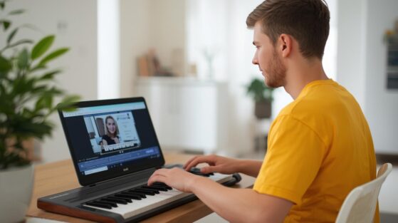 Student learning music online at home through virtual music training courses.