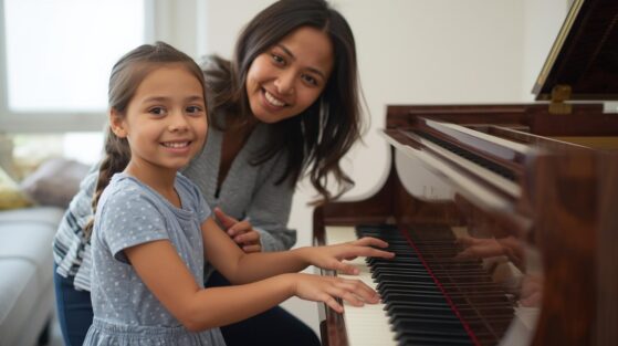 A young student playing piano with a teacher beside them, smiling and guiding.