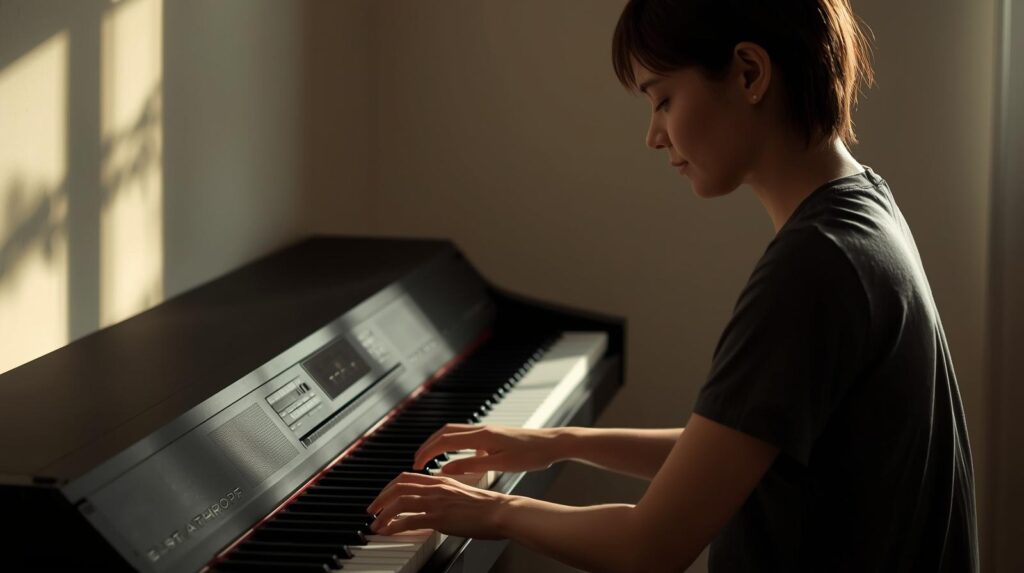 Adult playing a calm tune on a digital piano, soft lighting and peaceful expression