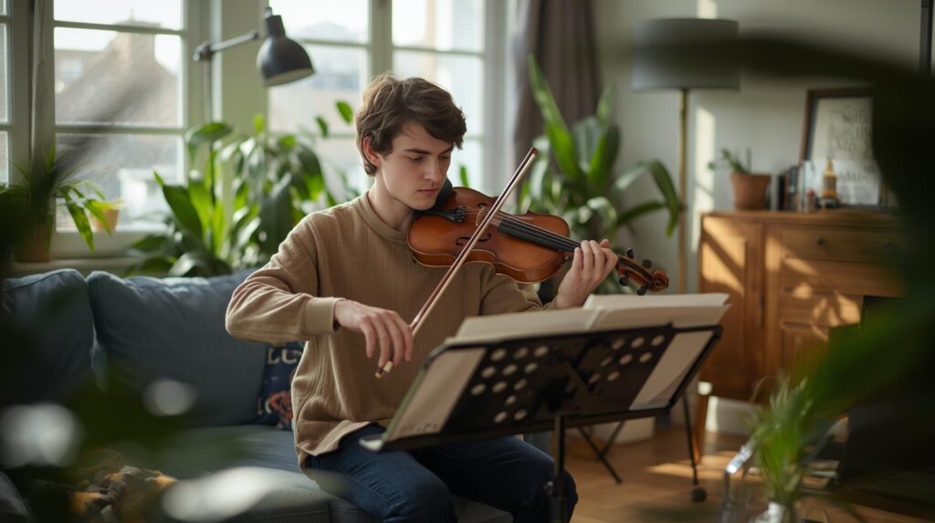 Beginner playing an instrument to reduce stress at home