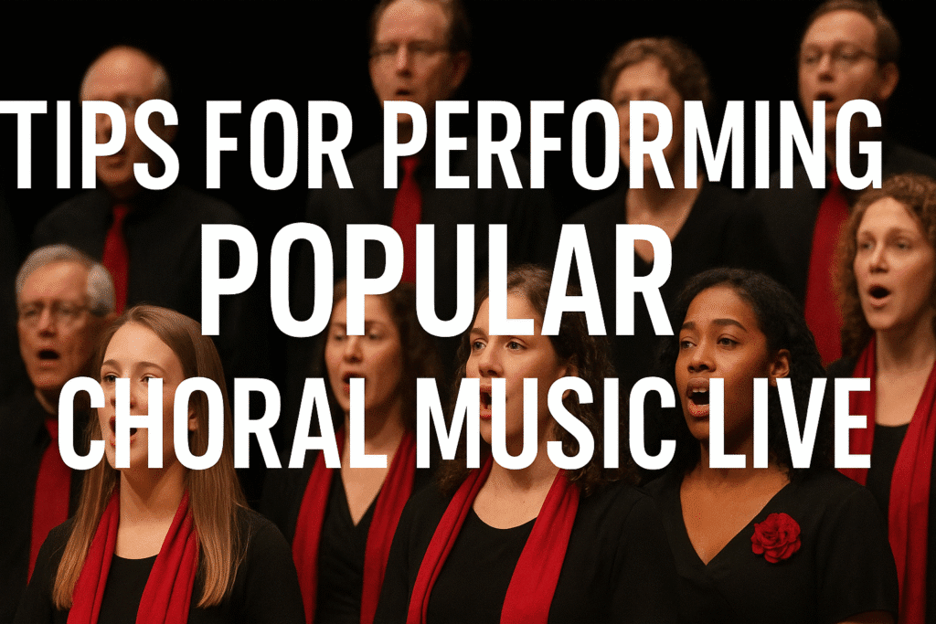 Choir performing popular choral music live on stage with microphones and expressive singing under bright stage lights.