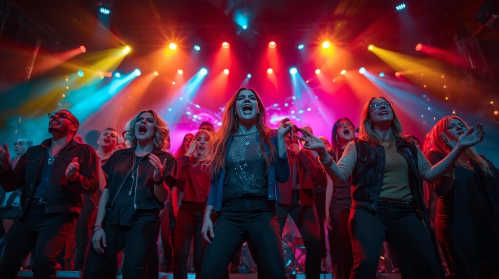 Choir with emotional expression and strong stage presence during a live pop concert.