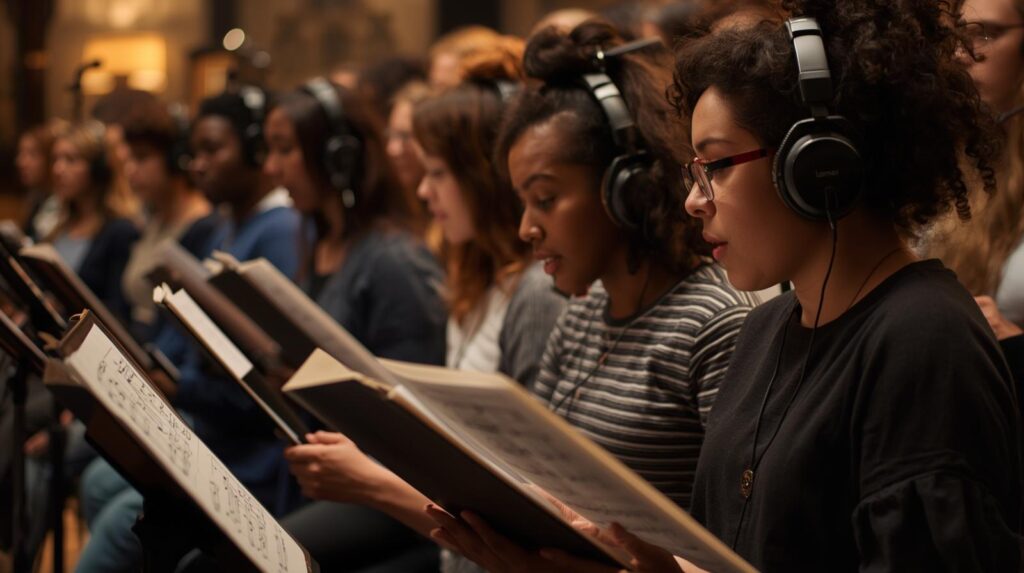 Choir studying sheet music and listening to a pop song arrangement to understand musical style.