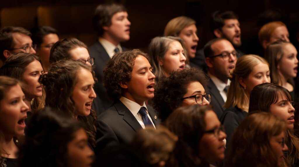 Close-up of choir singers performing expressive pop-style vocals during a live show.