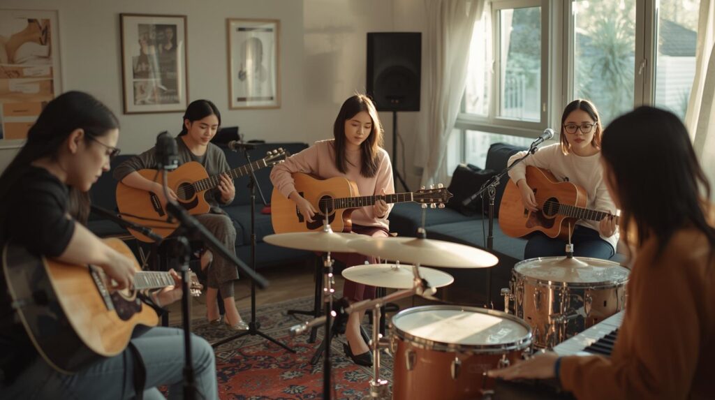 Group playing instruments for stress relief and social connection