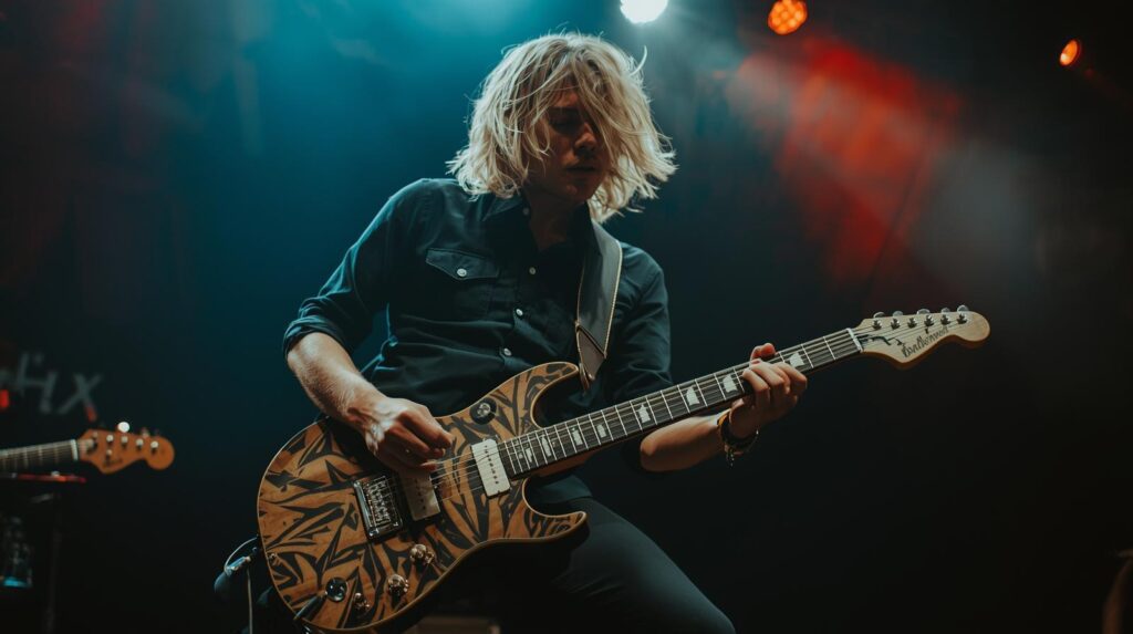 Math rock guitarist performing intricate rhythm sequence unusual music genres