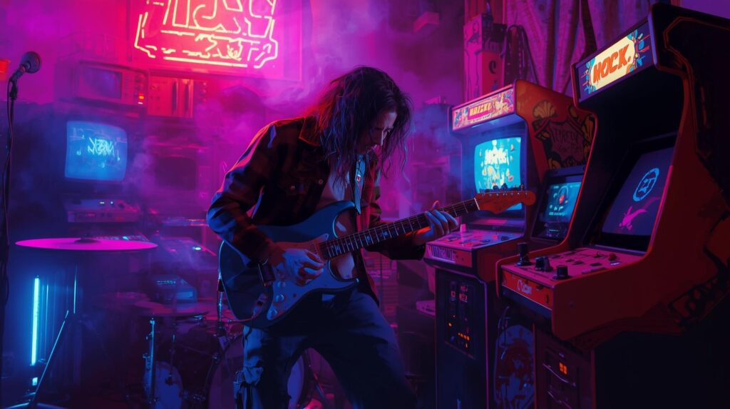 Chiptune artist creating 8-bit music using old gaming console