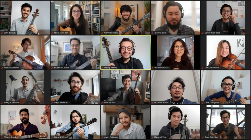 Music student watching detailed instruction video in virtual music training courses.