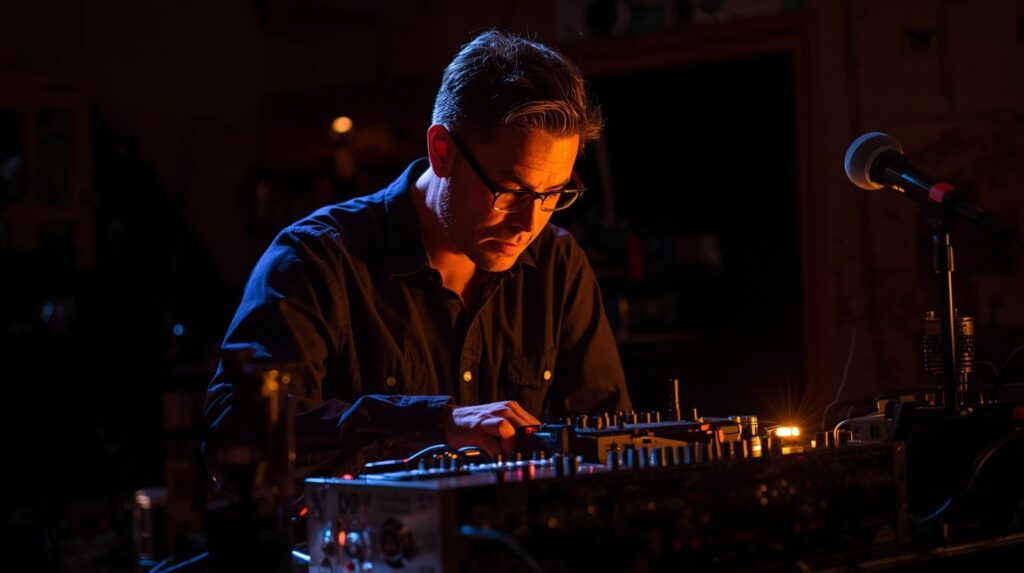 Noise music artist performing with electronic feedback and distortion
